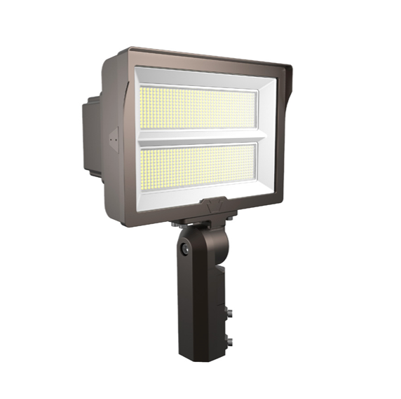 140W LED Flood Light feat. Power Select, Color Select. Rectangular Series 2 with Built-in Photocell. 277-480V Input, 3000K/4000K/5000K. Standard Bronze Housing. 6H x 6W Distribution, Slip Fitter and Trunnion Mount Included.