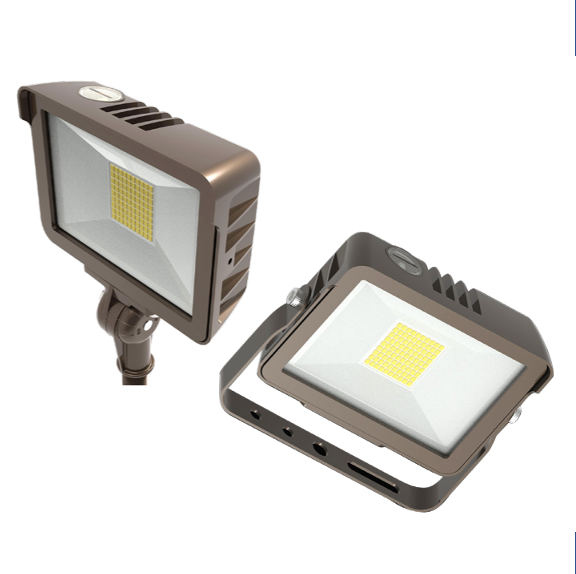 15W LED Flood Light feat. Color Select, Rectangular Series 1 with built in photocell. 120-277V Input, 3000K/4000K/5000K. Standard Bronze Housing. Wide Beam Spread, Universal Mount (1/2in Knucle Mount with Yoke Mount option included) Dimmable
